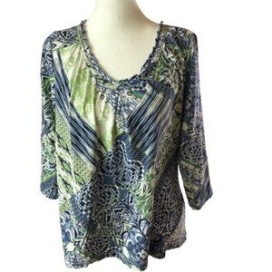 Liz Claiborne Cotton Popover Top Women PXL Blue Green White Patterns RuffleNeck